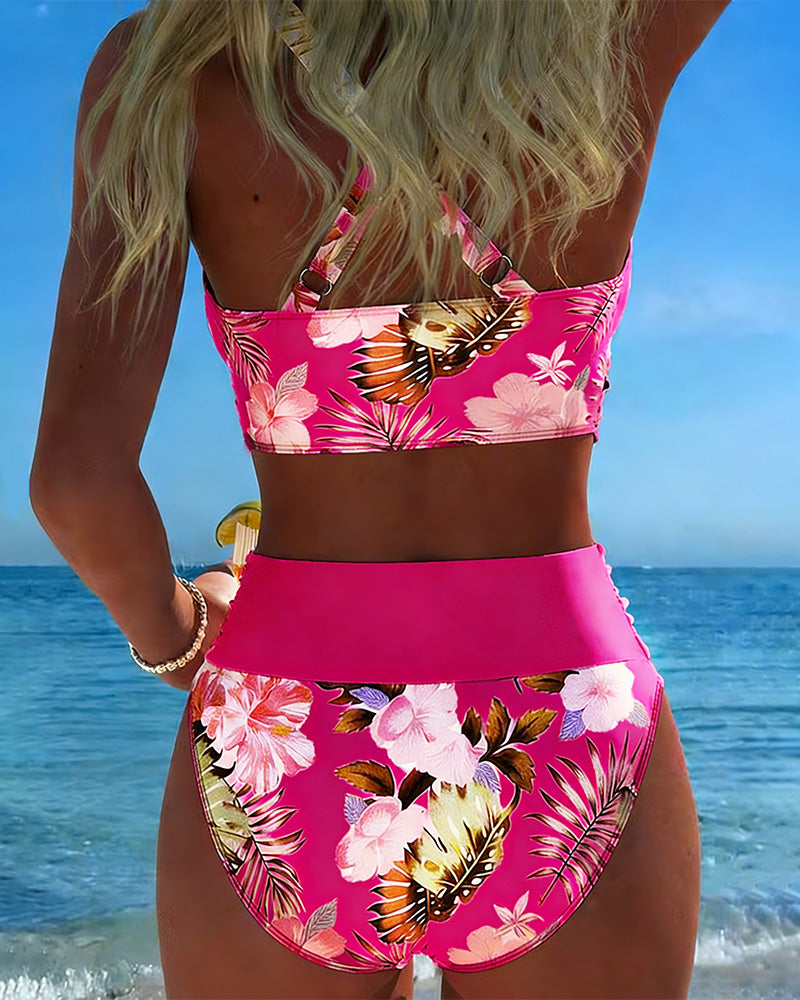 Contrasting Floral Print Cut-Out Bikini