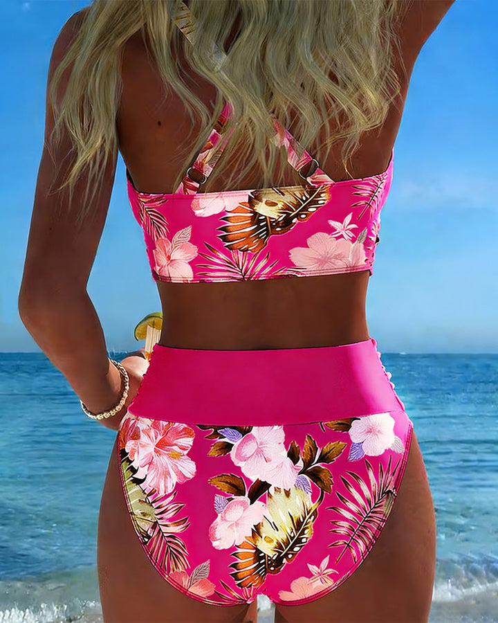 Contrasting Floral Print Cut-Out Bikini