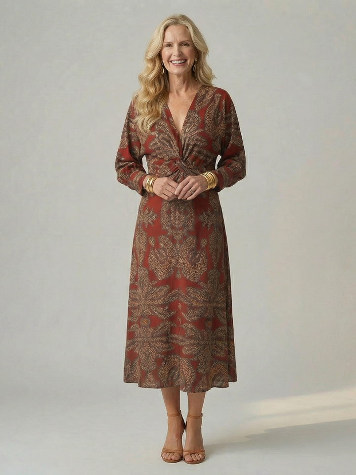 Emerald Paisley Twist-Front Midi Dress