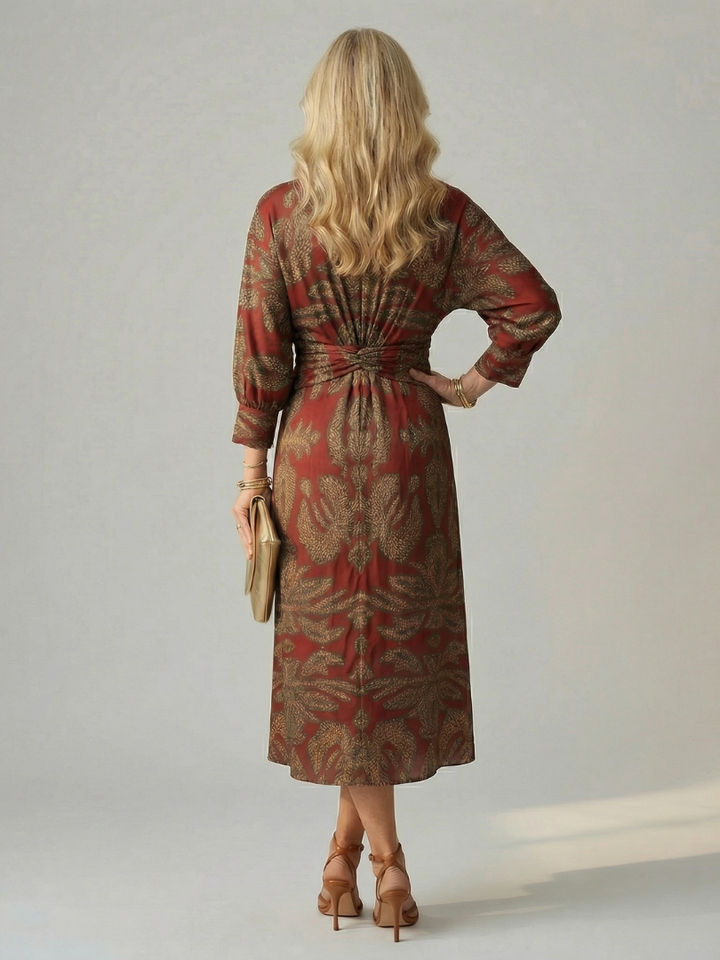 Emerald Paisley Twist-Front Midi Dress