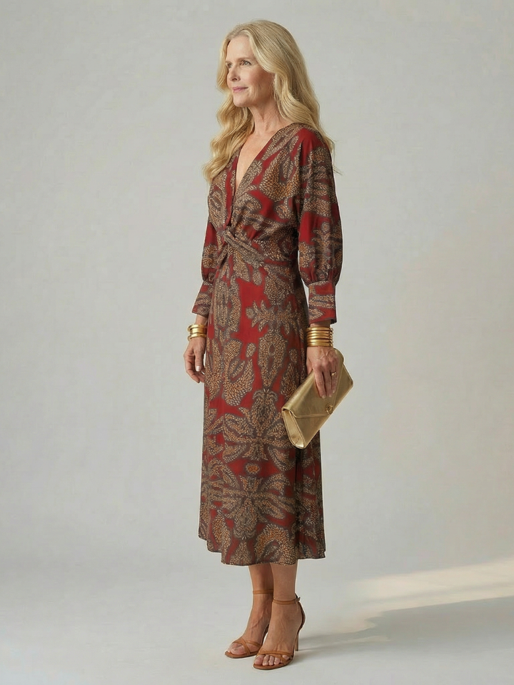 Emerald Paisley Twist-Front Midi Dress