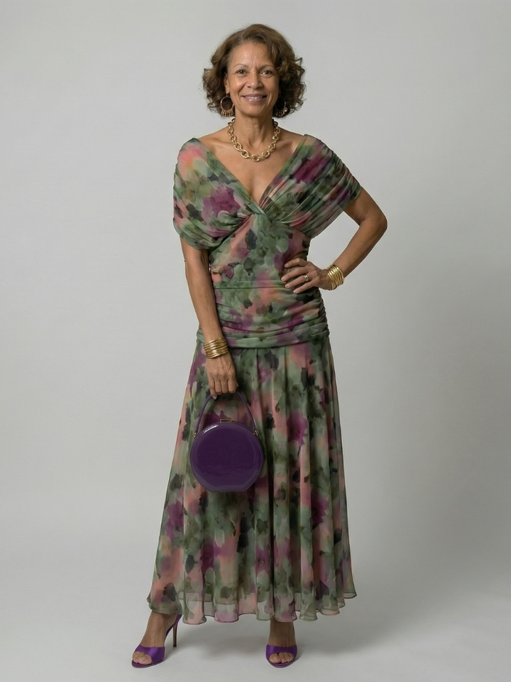 Plum Watercolor Flutter-Sleeve Maxi Dress
