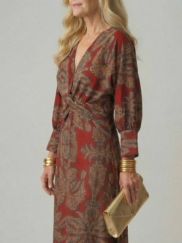 Emerald Paisley Twist-Front Midi Dress