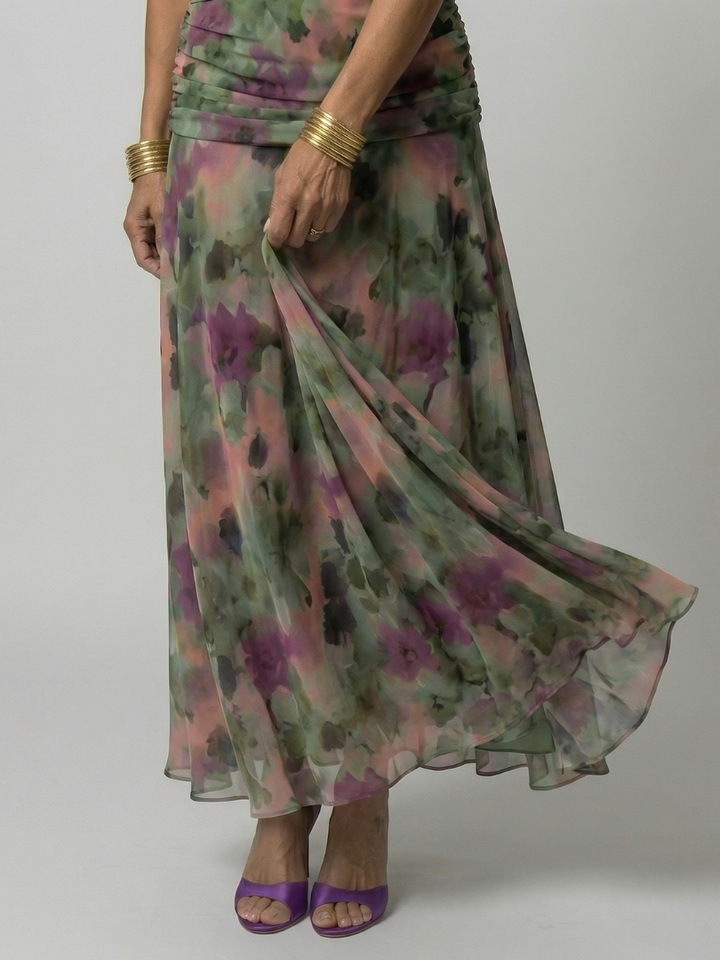 Plum Watercolor Flutter-Sleeve Maxi Dress