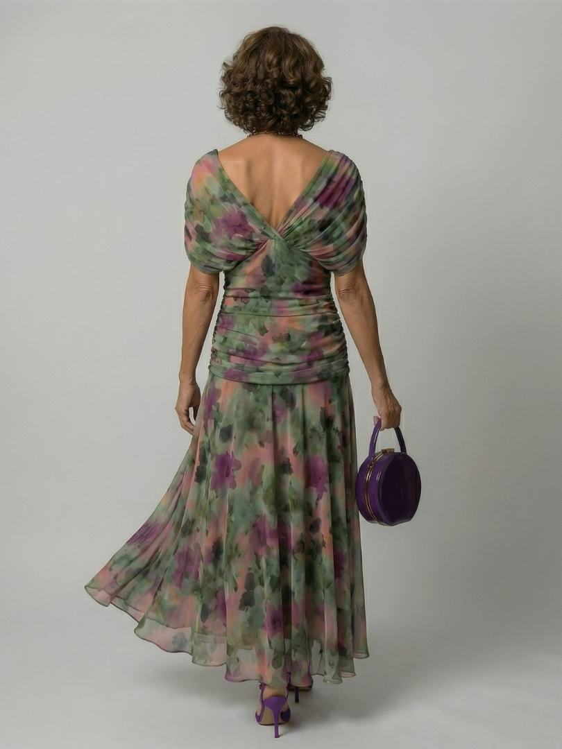Plum Watercolor Flutter-Sleeve Maxi Dress