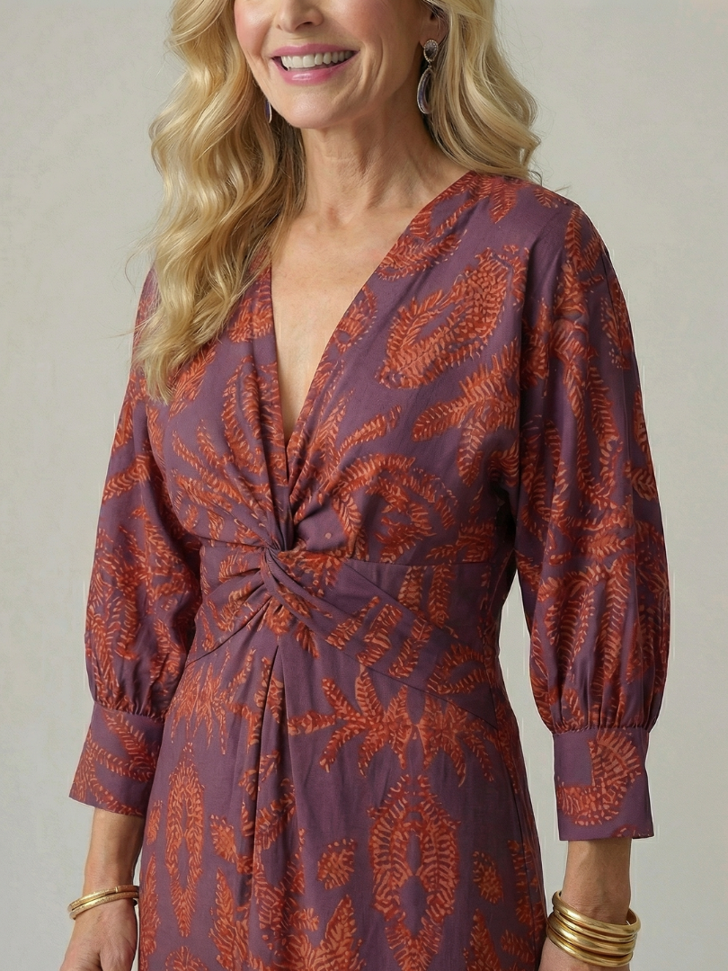 Emerald Paisley Twist-Front Midi Dress