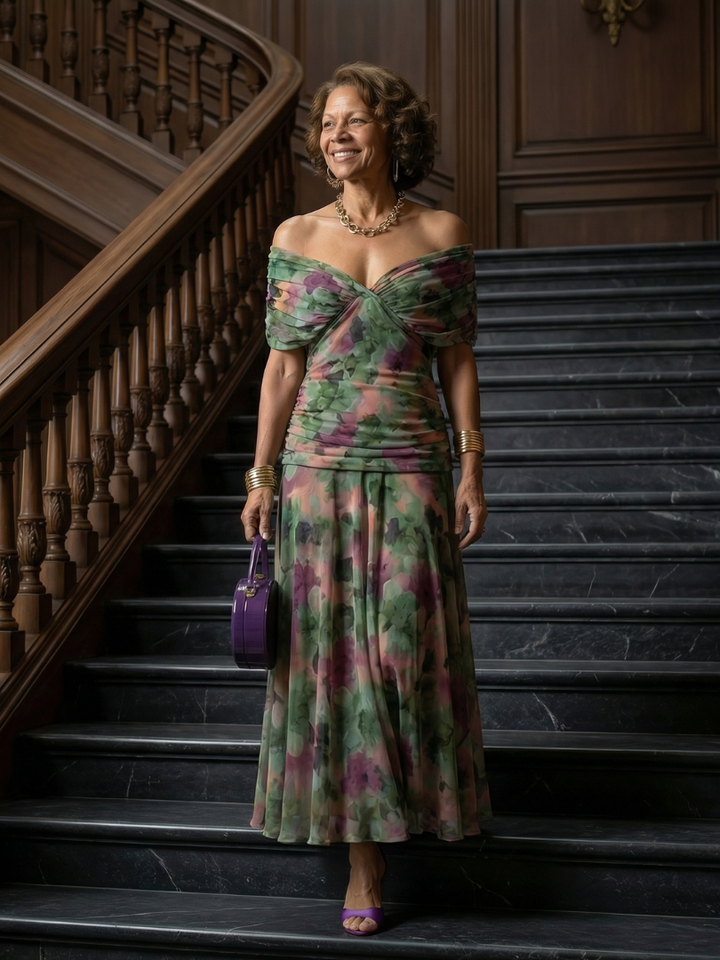Plum Watercolor Flutter-Sleeve Maxi Dress