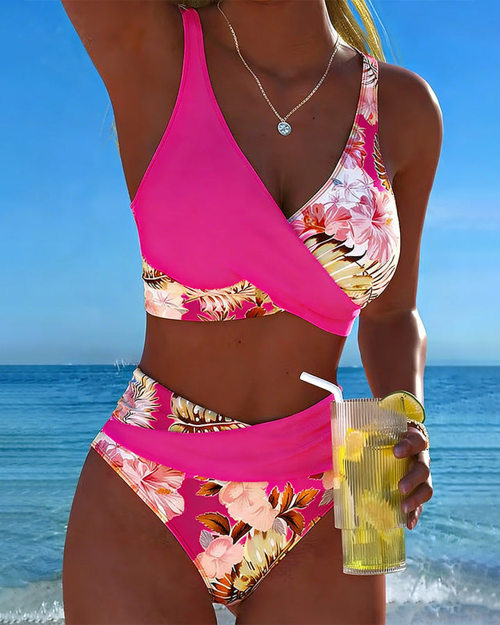 Contrasting Floral Print Cut-Out Bikini