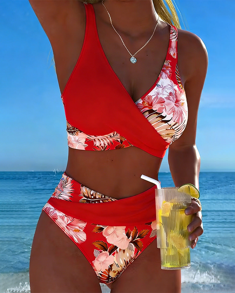 Contrasting Floral Print Cut-Out Bikini