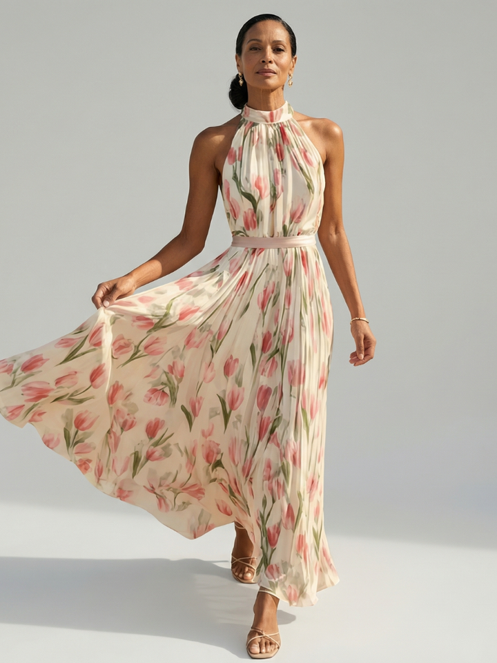 Coral Tulip Halter Maxi Dress
