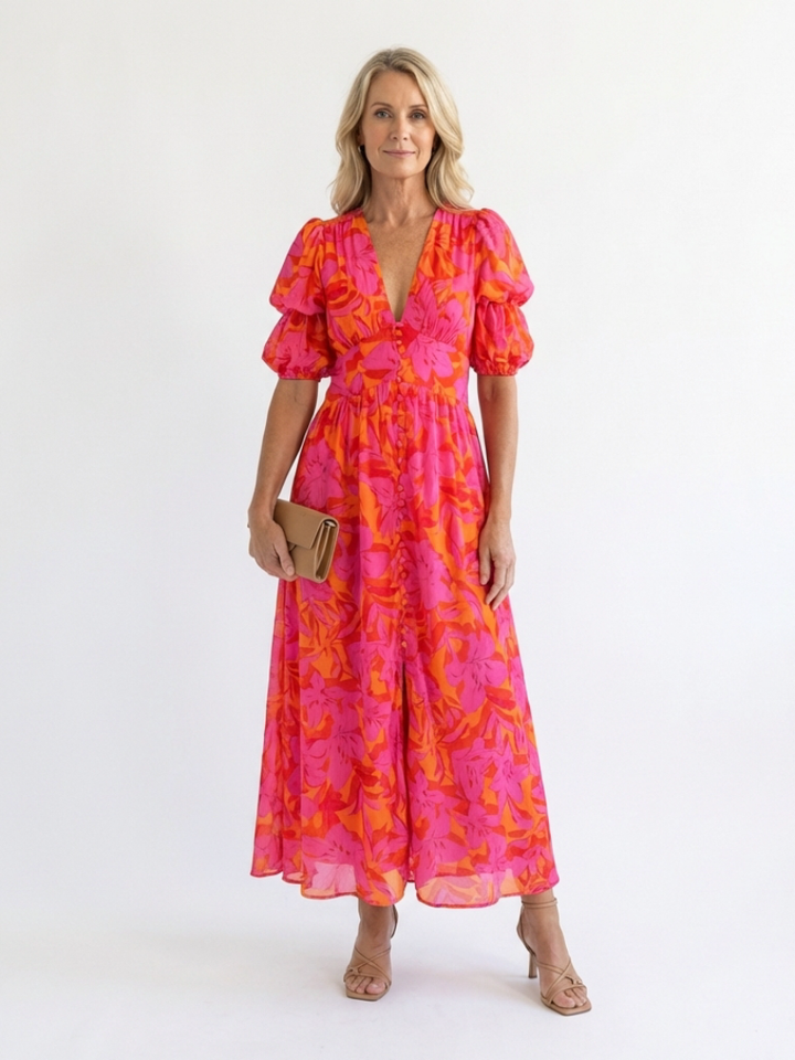 Garden Party Floral Puff-Sleeve V-Neck Midi Dress