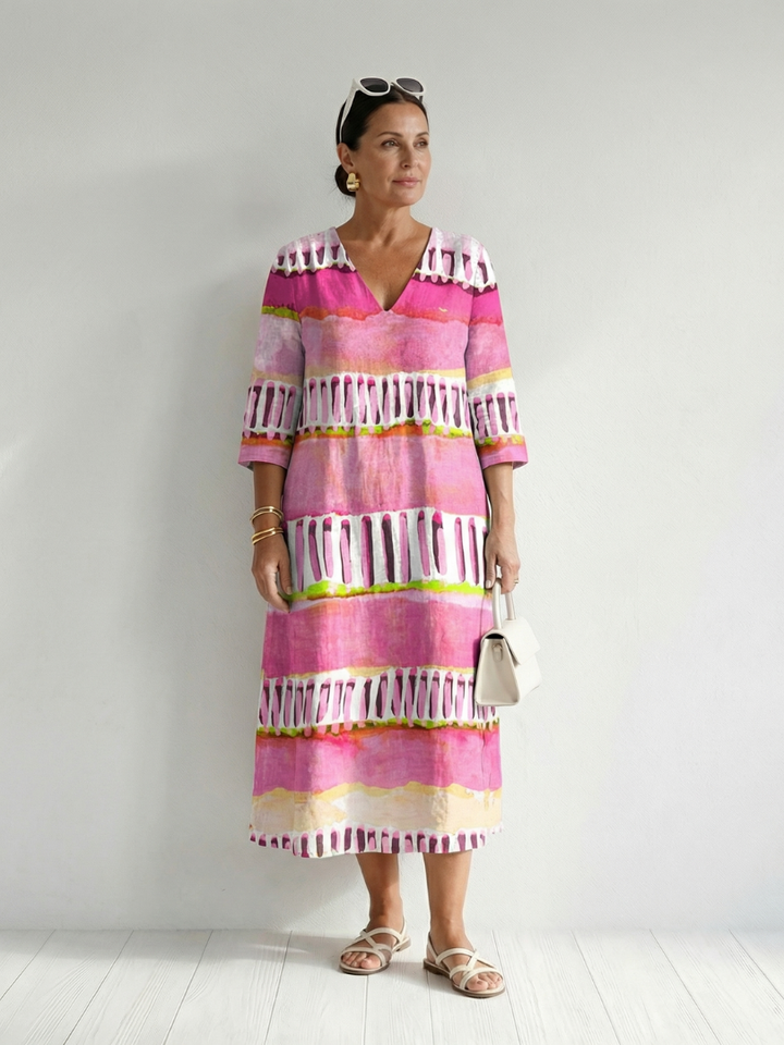 Mixed-Stripe V-Neck Midi Dress