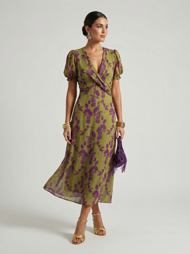 Olive Floral Puff-Sleeve Midi Dress