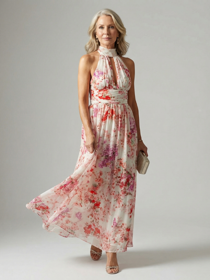 Soft Coral Floral Halter Maxi Dress
