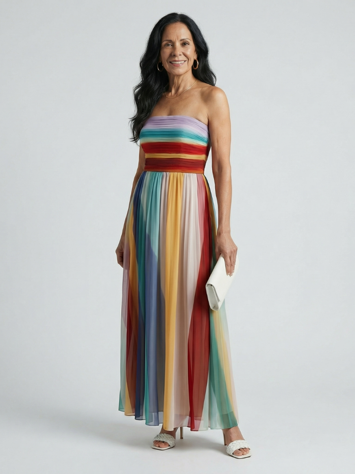Rainbow Stripe Pleated Maxi Dress
