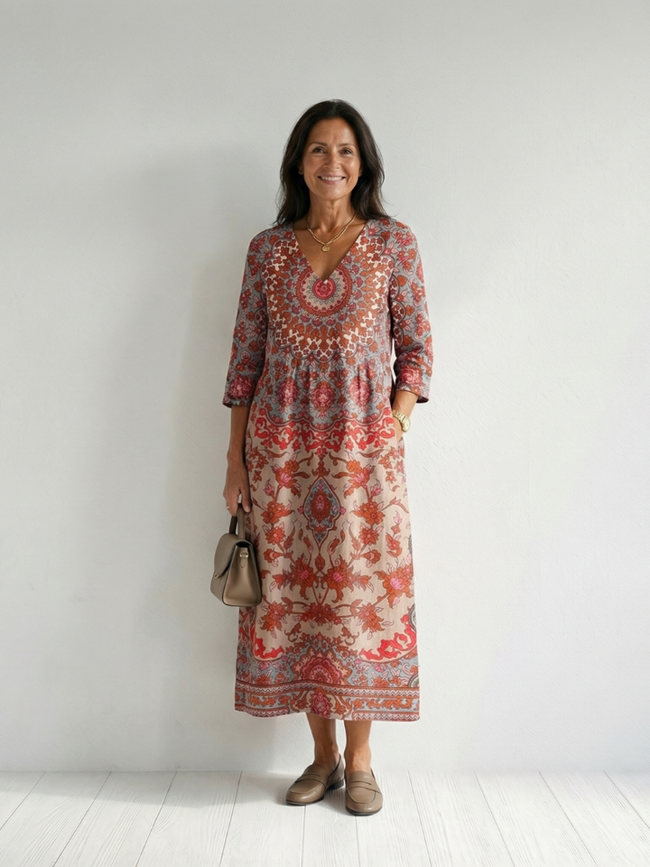 Border-Print Tailored Midi Dress
