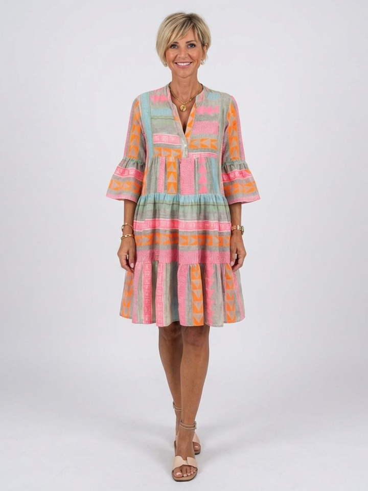 Effortless Day-to-Night Geometric Tiered V-Neck Knee-Length Dress
