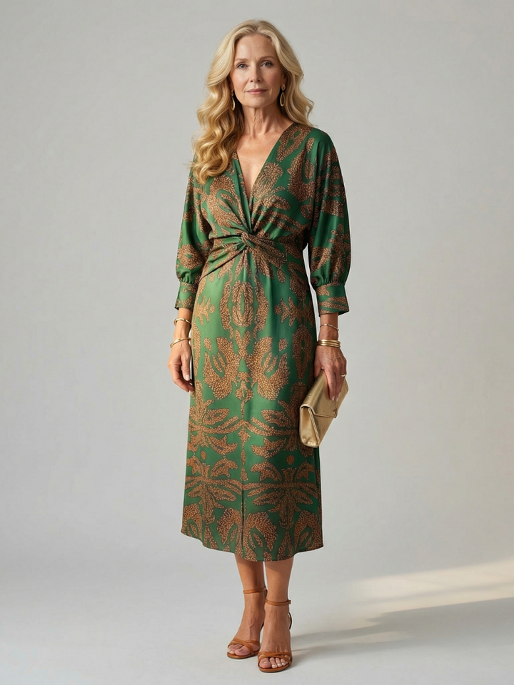 Emerald Paisley Twist-Front Midi Dress
