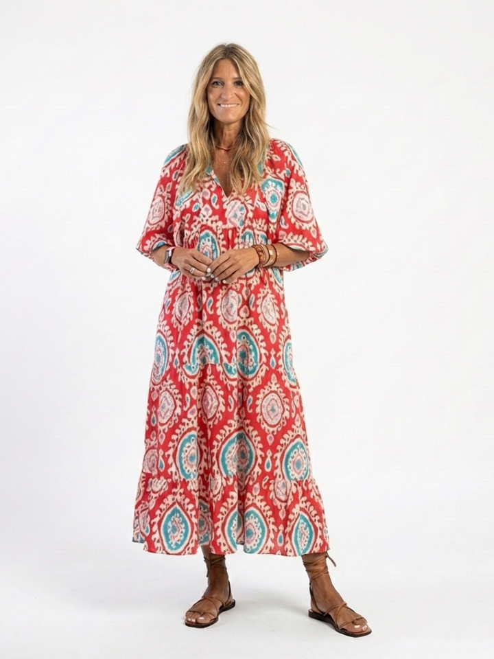 Boho Paisley V-Neck Midi Dress