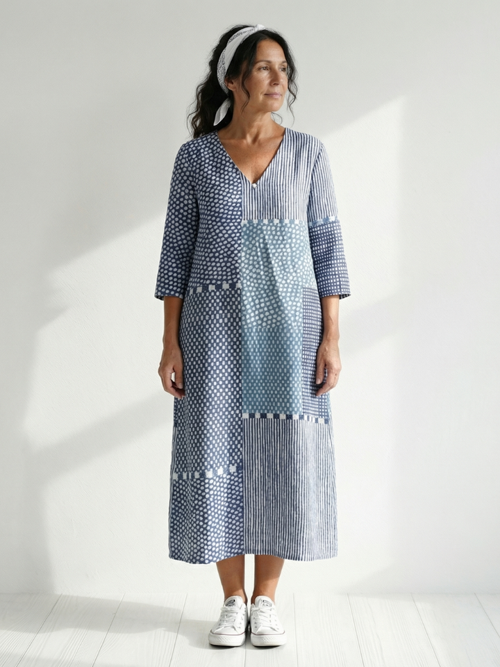 Free-Spirited Patchwork A-Line Midi Dress
