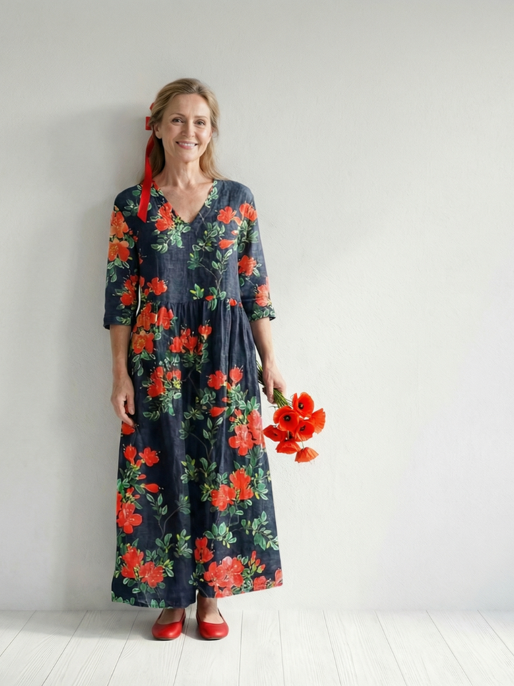 Black Floral Draped Midi Dress