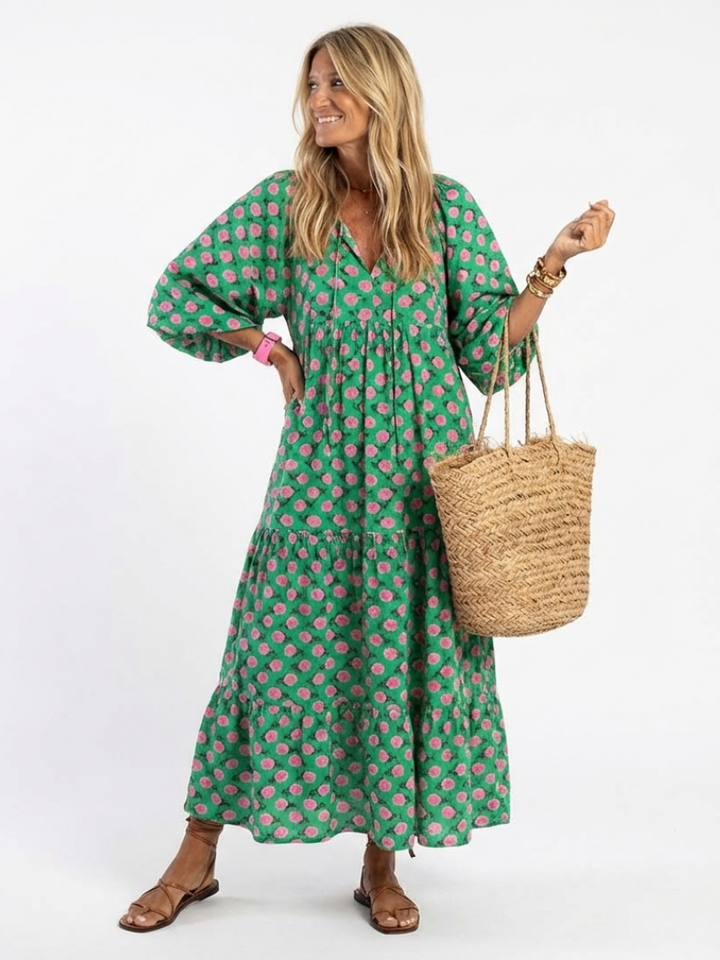 Romantic Garden Party Floral V-Neck Tiered Midi Dress