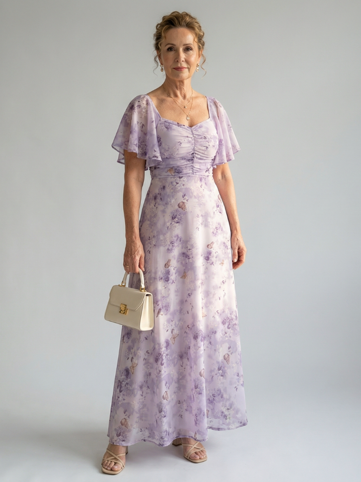 Lavender Floral Square-Neck Midi Dress