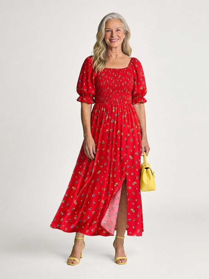 Romantic Garden Party Floral Square-Neck Puff-Sleeve Midi Dress