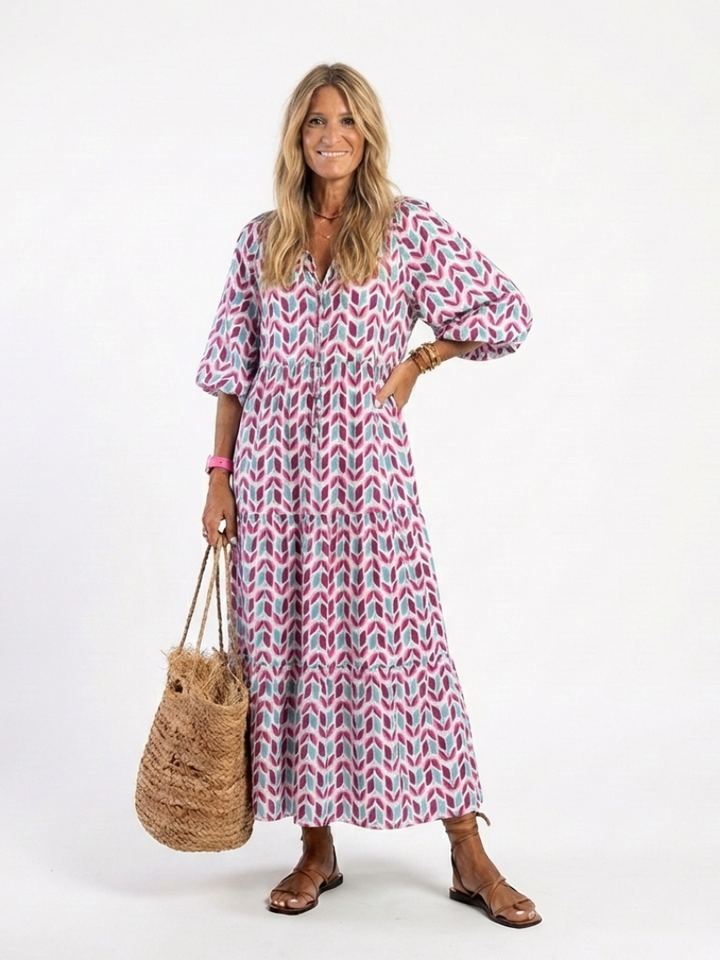 Modern Muse Geometric Tiered Long Sleeve Midi Dress