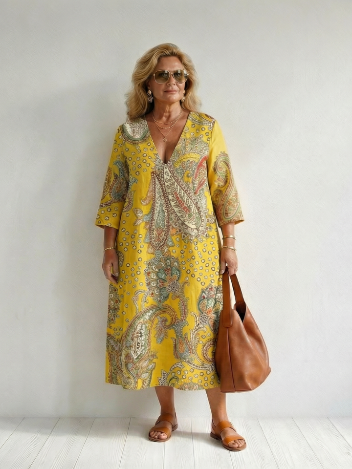 Yellow Paisley V-Neck Midi Dress