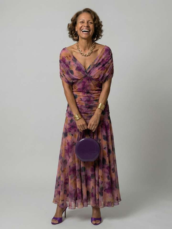 Plum Watercolor Flutter-Sleeve Maxi Dress