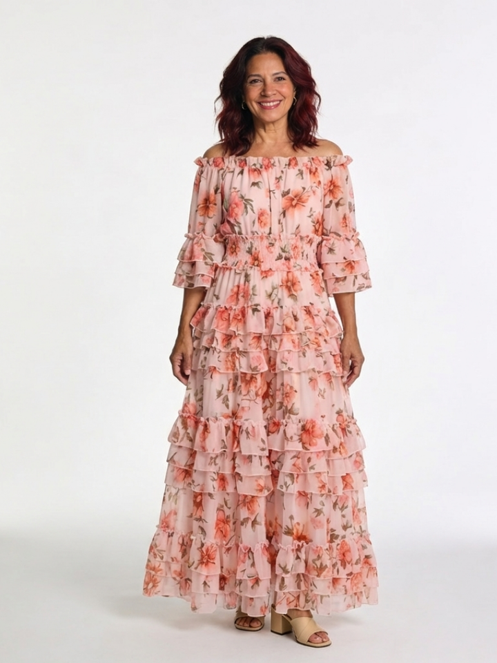 Garden Party Off Shoulder Tiered Floral Maxi Dress
