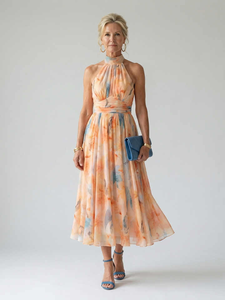 Peach Watercolor Halter Midi Dress