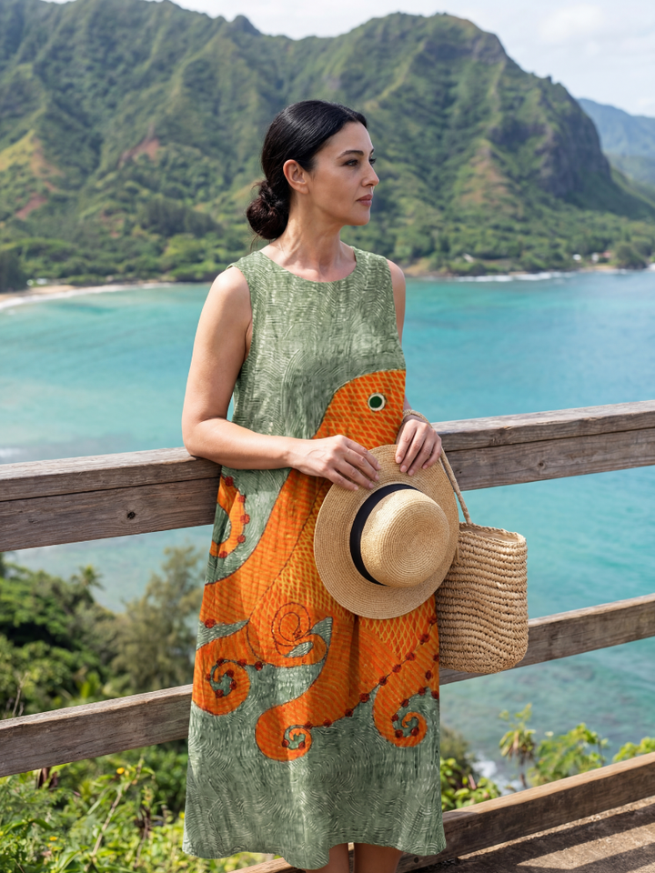 Ocean Wave Print Midi Dress