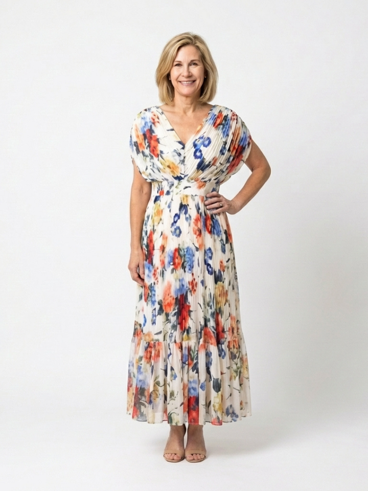 Garden Party Pleated Floral Short-Sleeve Midi Dress