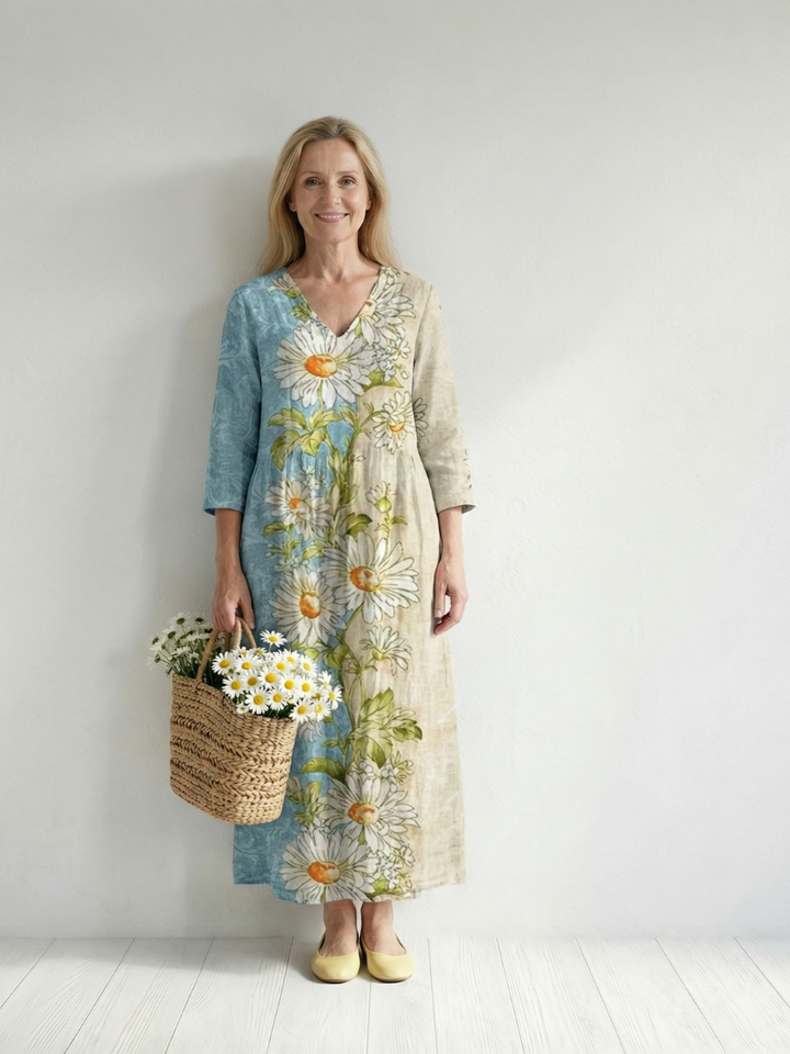 Daisy Print V-Neck Midi Dress