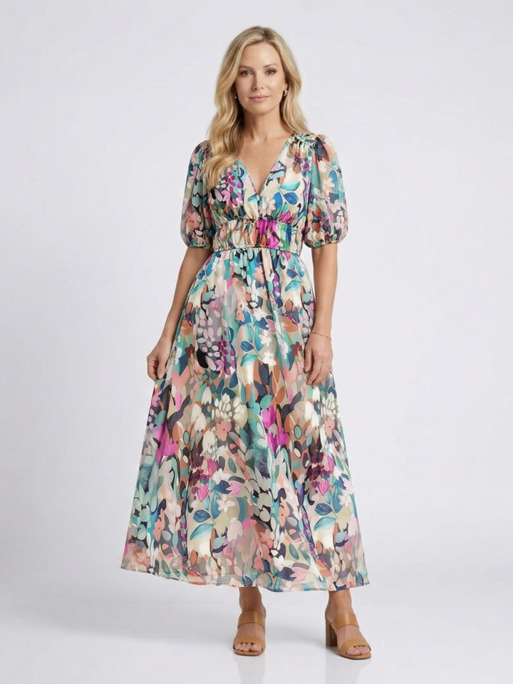 Waist-Cinching V-Neck Short-Sleeve Midi Dress