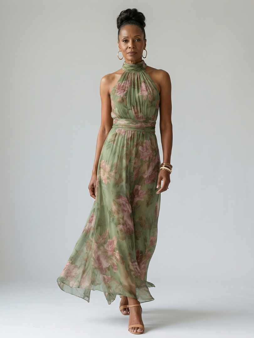 Peony Print Halter Maxi Dress