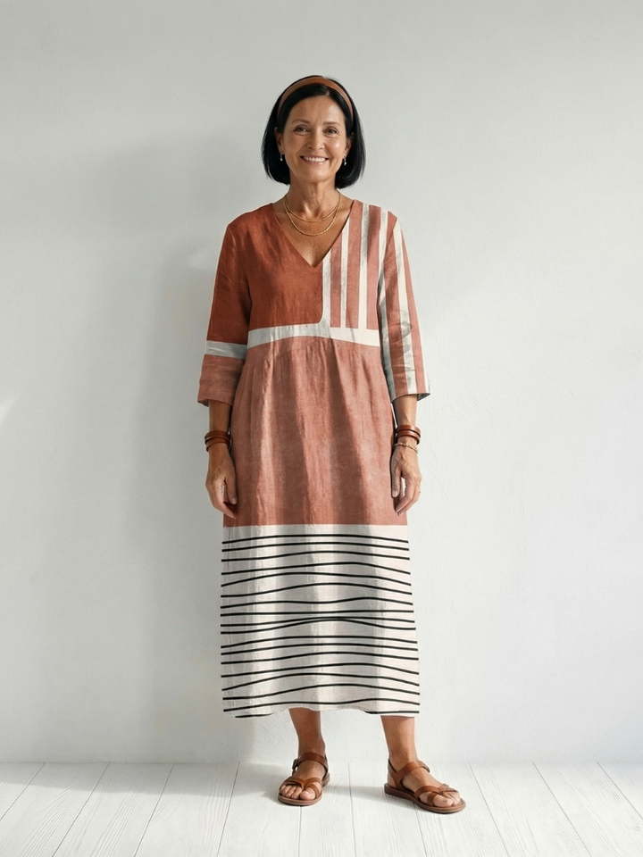 Mixed-Stripe Long-Sleeve Midi Dress