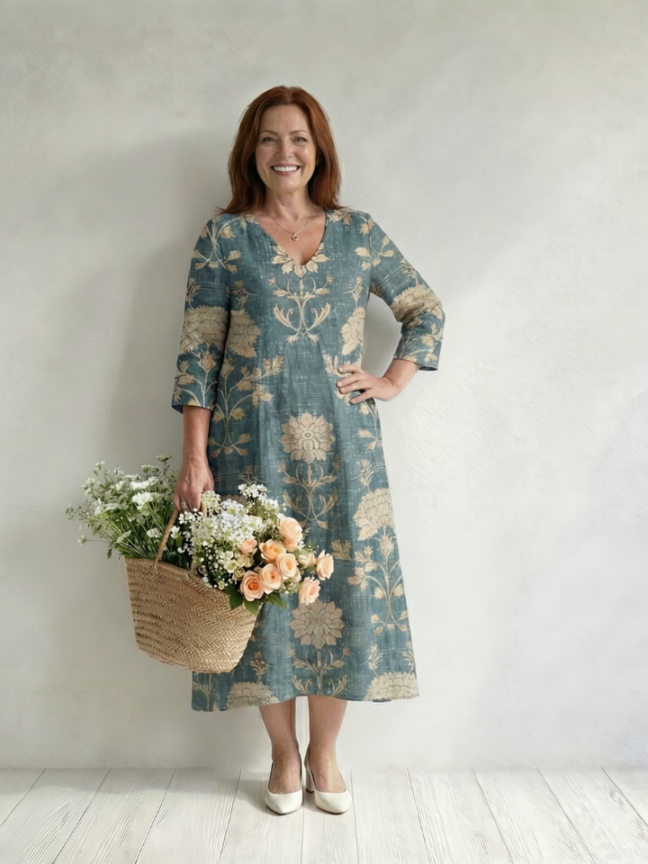 Waist-Defining Garden Party Floral Midi Dress