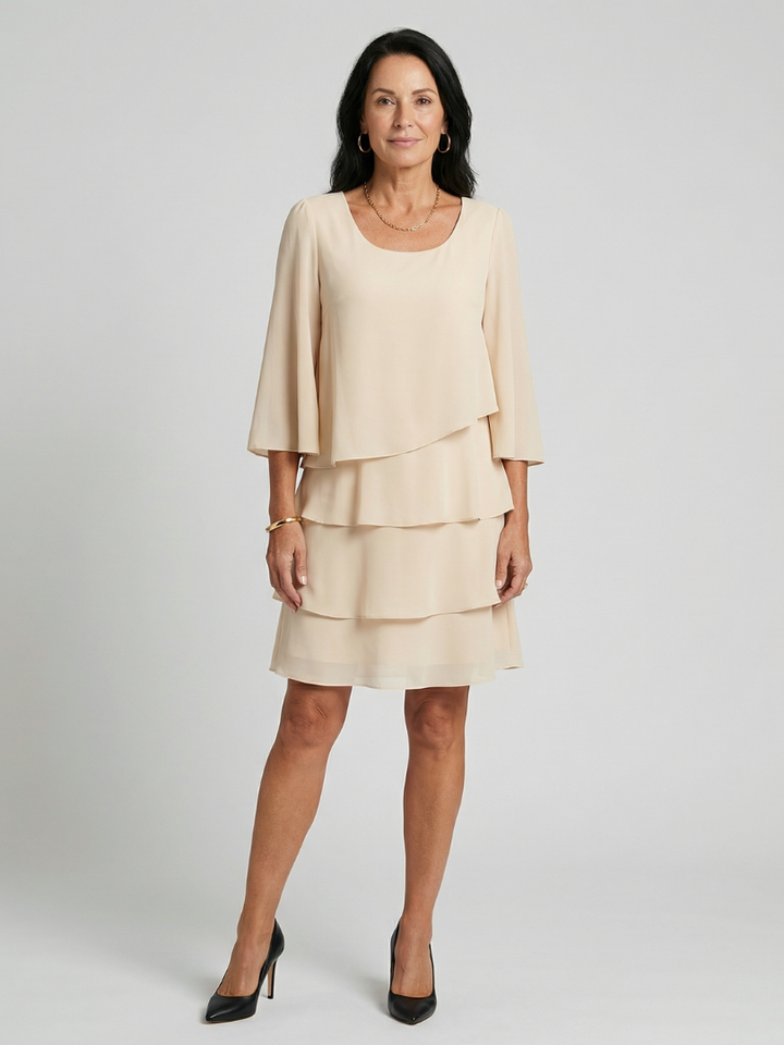Romantic Date-Night Tiered Flare-Sleeve Knee-Length Dress