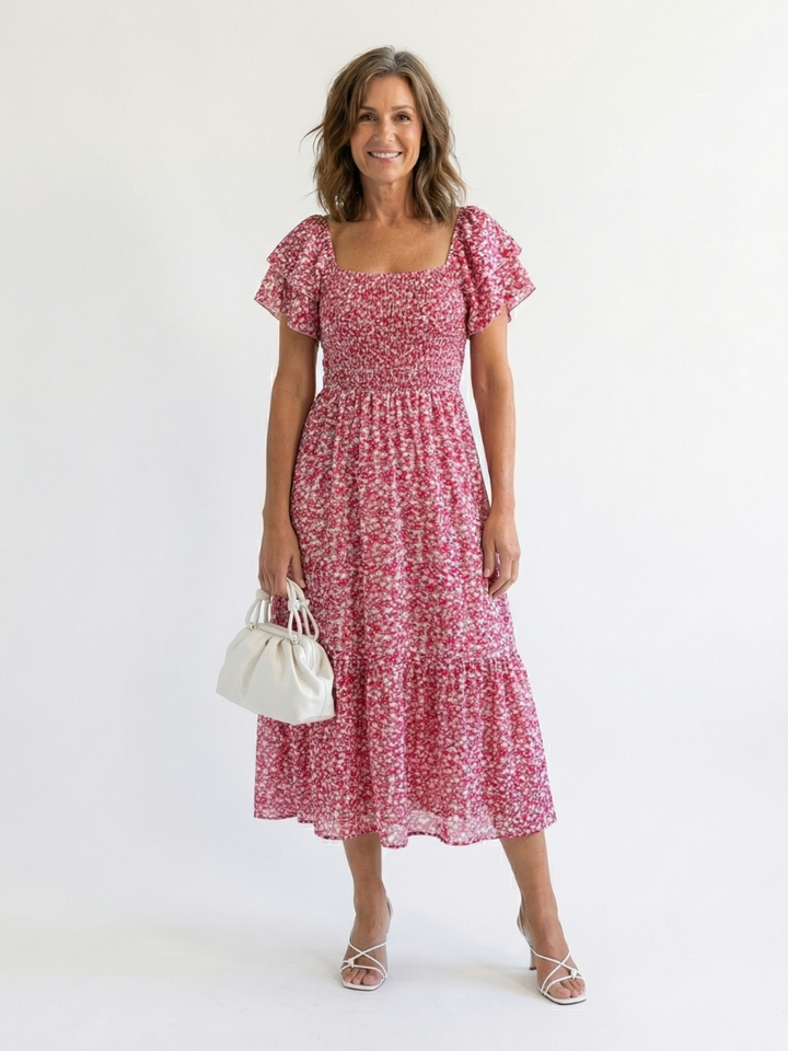Romantic Garden Party Off-Shoulder Floral Smocked Midi Dress