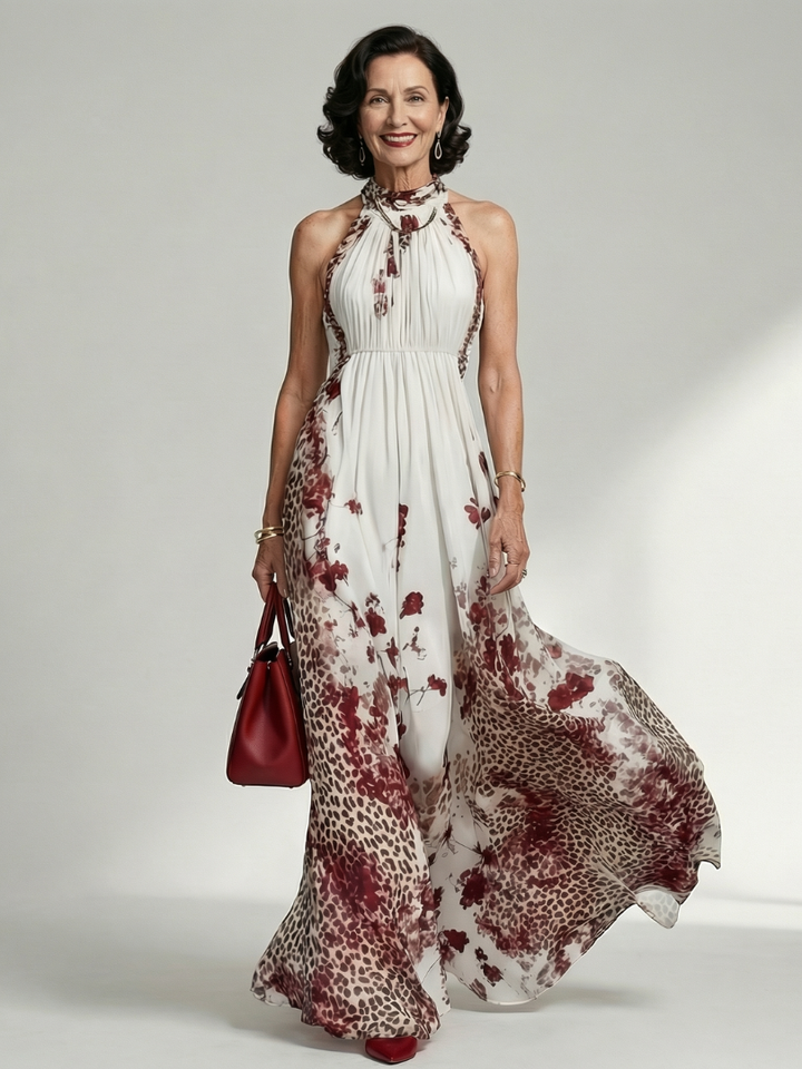 Red Rose Cascade Halter Maxi Dress