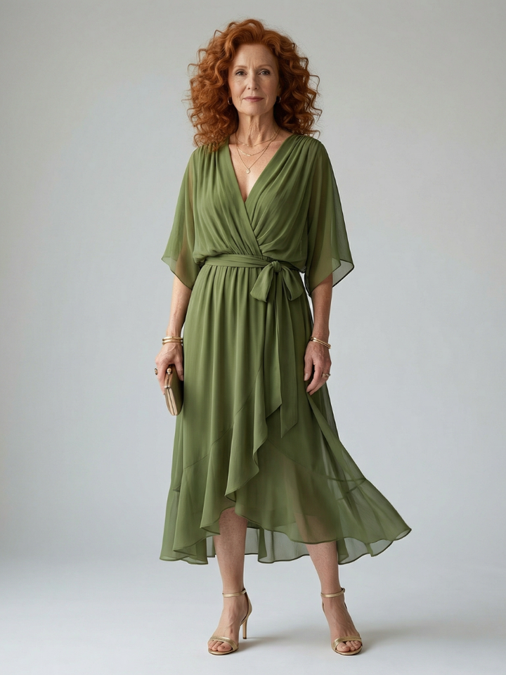 Olive Kimono-Sleeve Wrap Midi Dress
