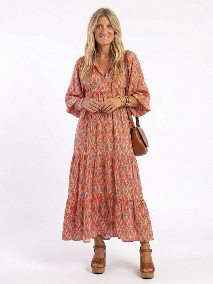 Modern Muse Geometric Tiered V-Neck Midi Dress