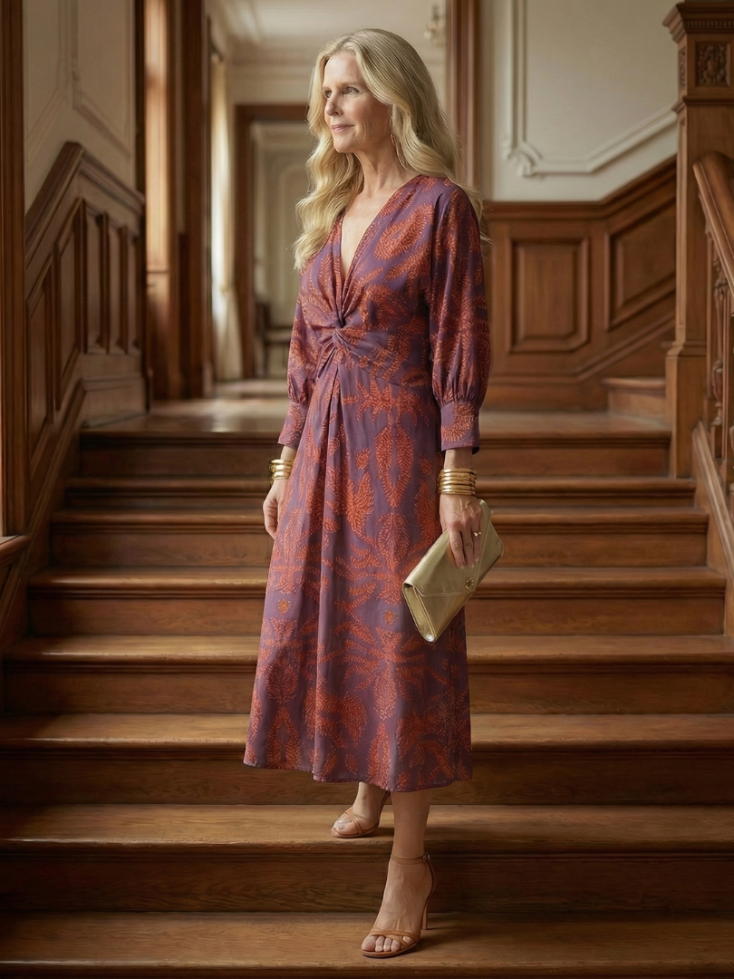 Emerald Paisley Twist-Front Midi Dress