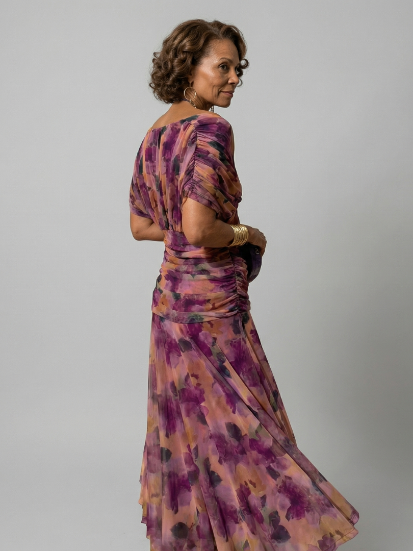 Plum Watercolor Flutter-Sleeve Maxi Dress