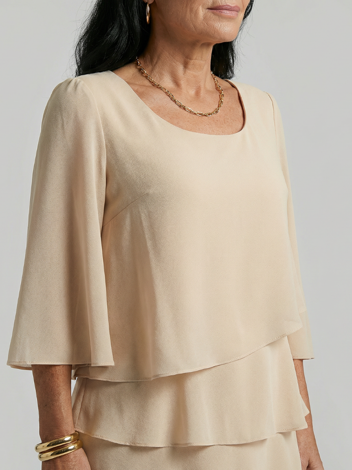 Romantic Date-Night Tiered Flare-Sleeve Knee-Length Dress