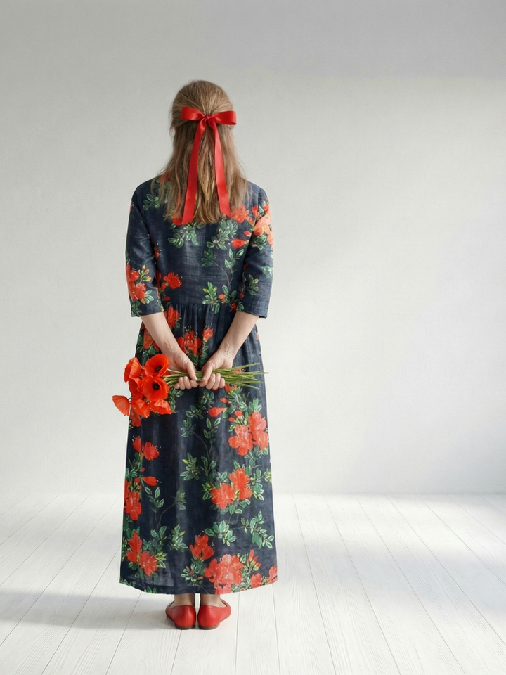 Black Floral Draped Midi Dress