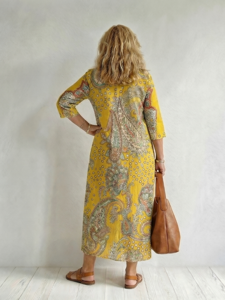 Yellow Paisley V-Neck Midi Dress